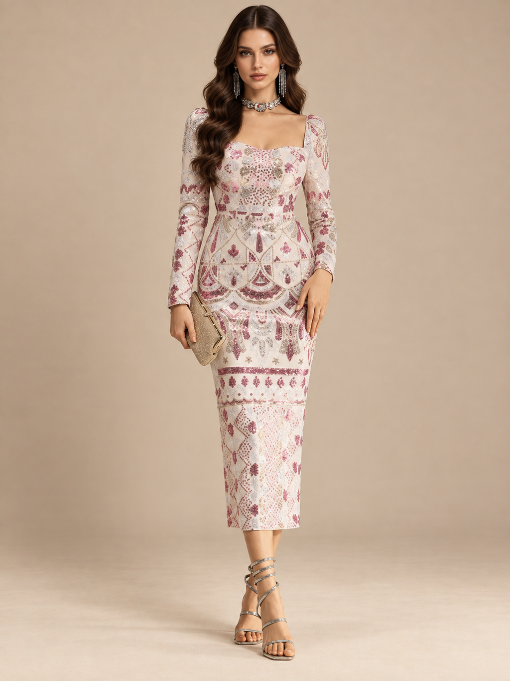 Women’s Black Glamorous Sequin Square Neck Long Sleeve Bodycon Midi Dress with Multicolor Geometric Pattern