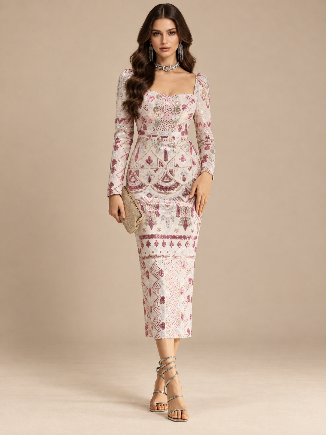 Women’s Black Glamorous Sequin Square Neck Long Sleeve Bodycon Midi Dress with Multicolor Geometric Pattern