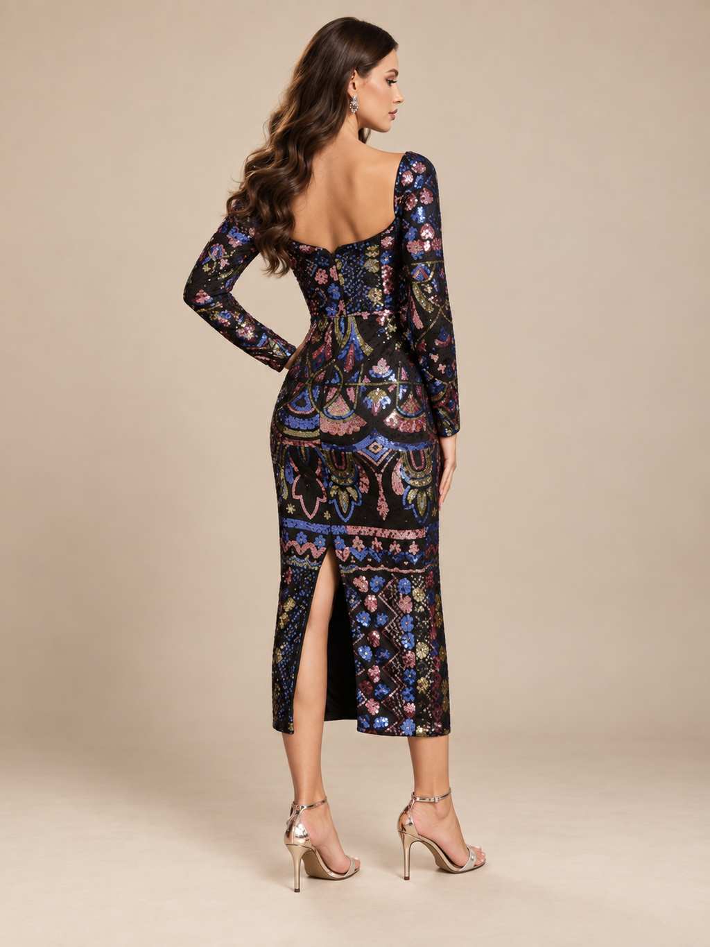 Women’s Black Glamorous Sequin Square Neck Long Sleeve Bodycon Midi Dress with Multicolor Geometric Pattern