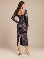 Women’s Black Glamorous Sequin Square Neck Long Sleeve Bodycon Midi Dress with Multicolor Geometric Pattern