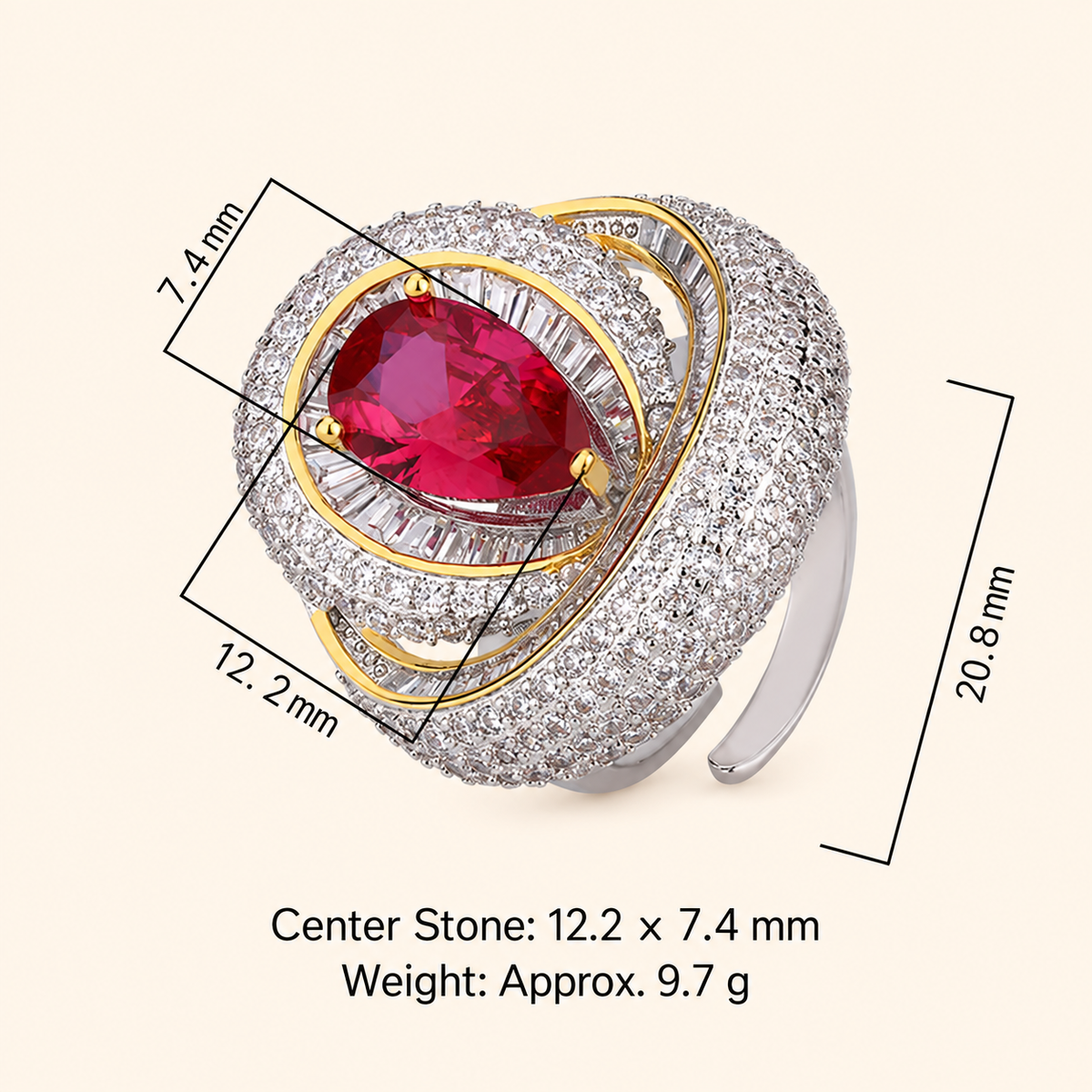 Women’s Elegant Pear-Shaped Cubic Zirconia Adjustable Ring with Layered Halo Detail