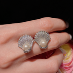 Women’s Elegant Pearl & Cubic Zirconia Necklace, Earrings & Adjustable Ring Set with Scallop Shell Design