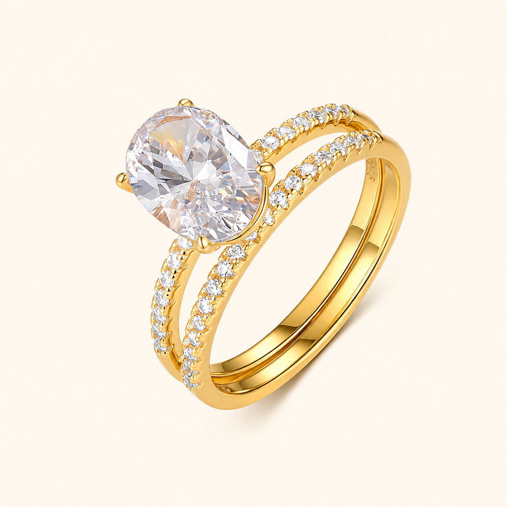 Women’s S925 Sterling Silver Oval Moissanite Two-Piece Stackable Ring Set, 7×10 mm