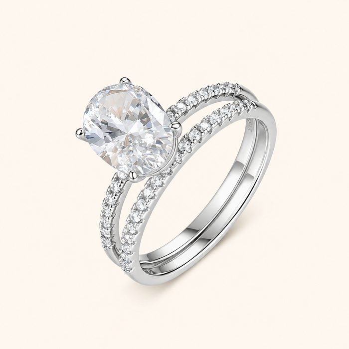 Women’s S925 Sterling Silver Oval Moissanite Two-Piece Stackable Ring Set, 7×10 mm
