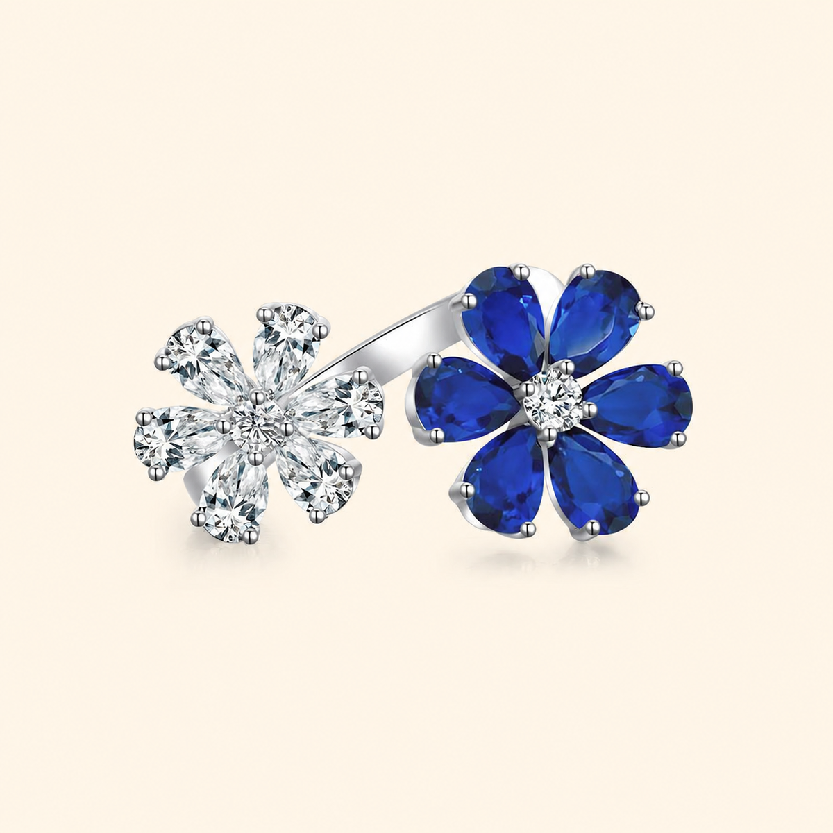 S925 Sterling Silver Adjustable Double Flower Ring with High-Carbon Stone Accents