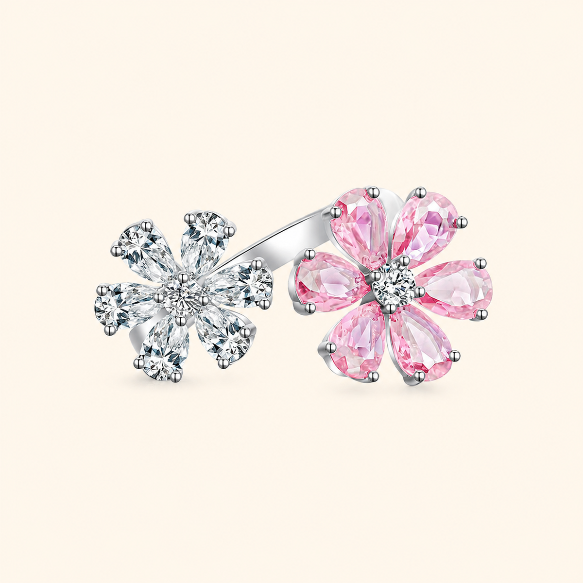 S925 Sterling Silver Adjustable Double Flower Ring with High-Carbon Stone Accents