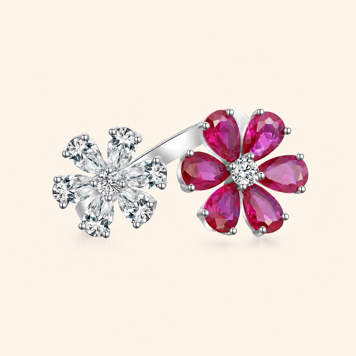 S925 Sterling Silver Adjustable Double Flower Ring with High-Carbon Stone Accents