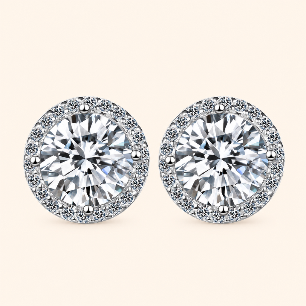 Women’s S925 Sterling Silver Round-Cut Moissanite Halo Stud Earrings – 0.1CT to 2CT