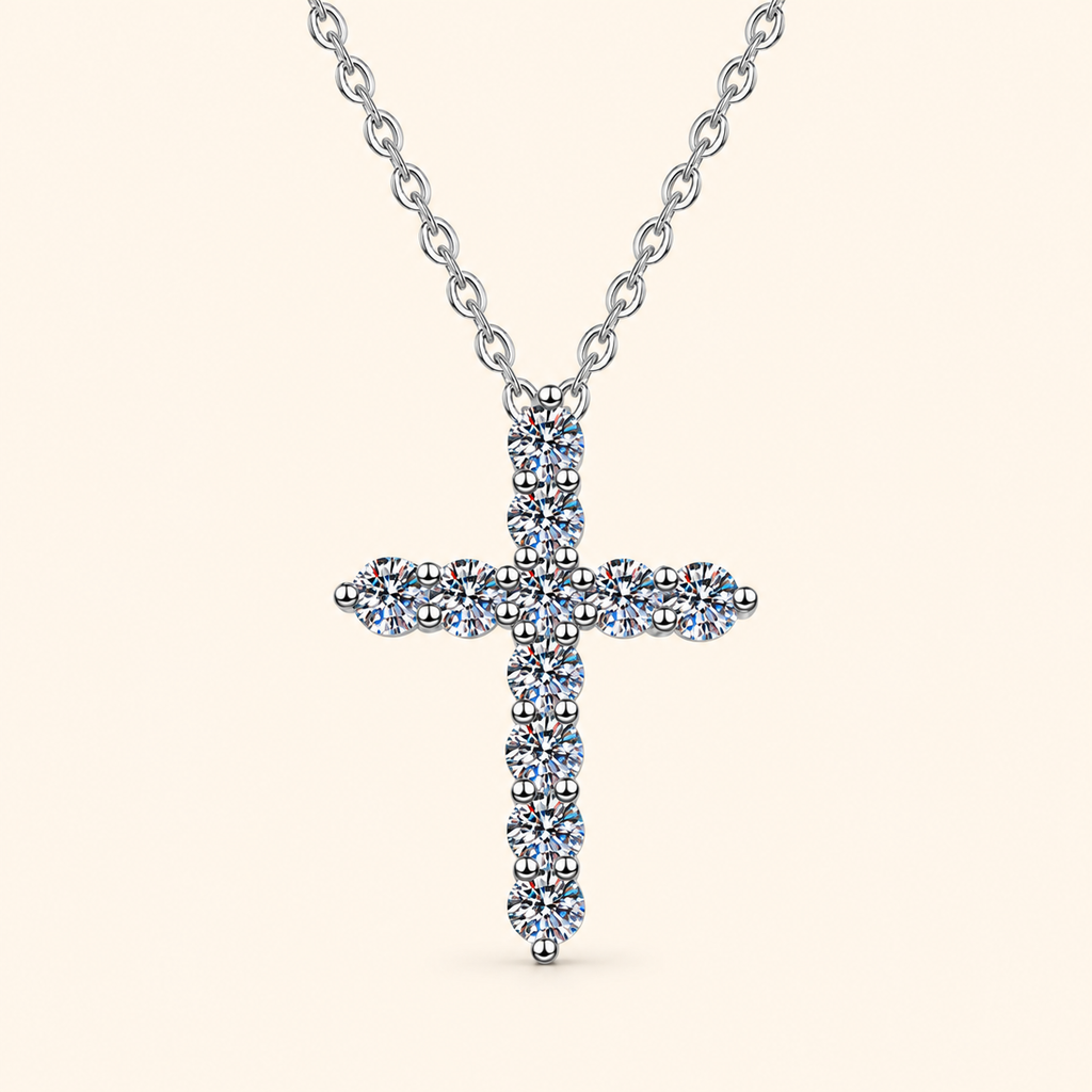 S925 Sterling Silver Round-Cut Moissanite Cross Pendant Necklace – 0.33CT / 0.66CT / 1.1CT