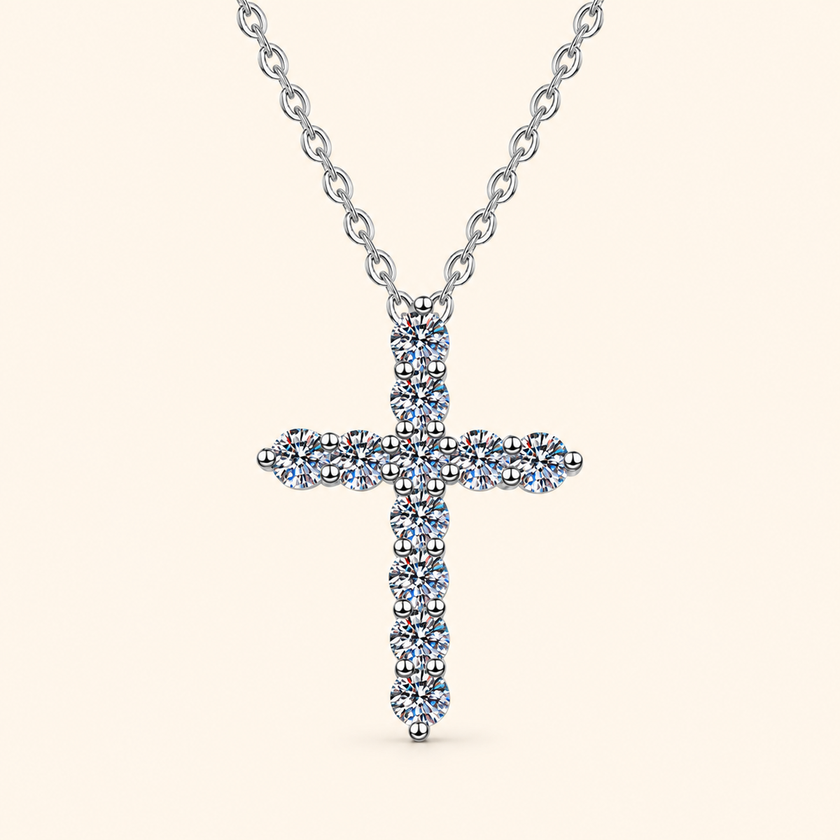 S925 Sterling Silver Round-Cut Moissanite Cross Pendant Necklace – 0.33CT / 0.66CT / 1.1CT