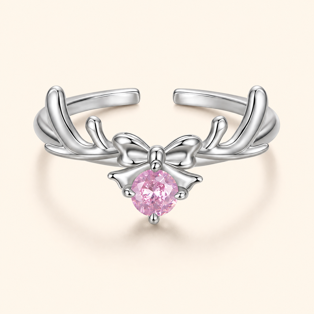 Women’s S925 Sterling Silver Pink Zircon Reindeer & Bow Adjustable Open Ring