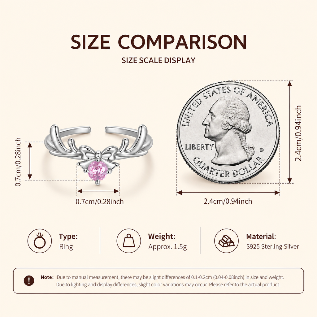 Women’s S925 Sterling Silver Pink Zircon Reindeer & Bow Adjustable Open Ring
