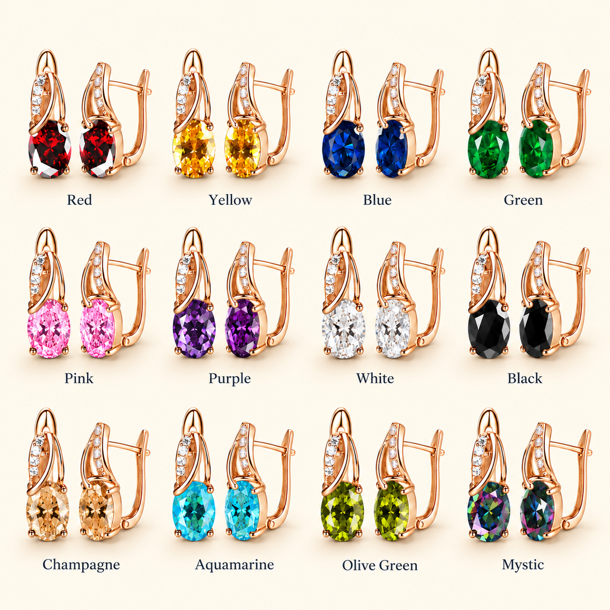 Women’s Multicolor Oval-Cut Cubic Zirconia Drop Earrings with Pavé Twist Detail – Gold & Silver Tone