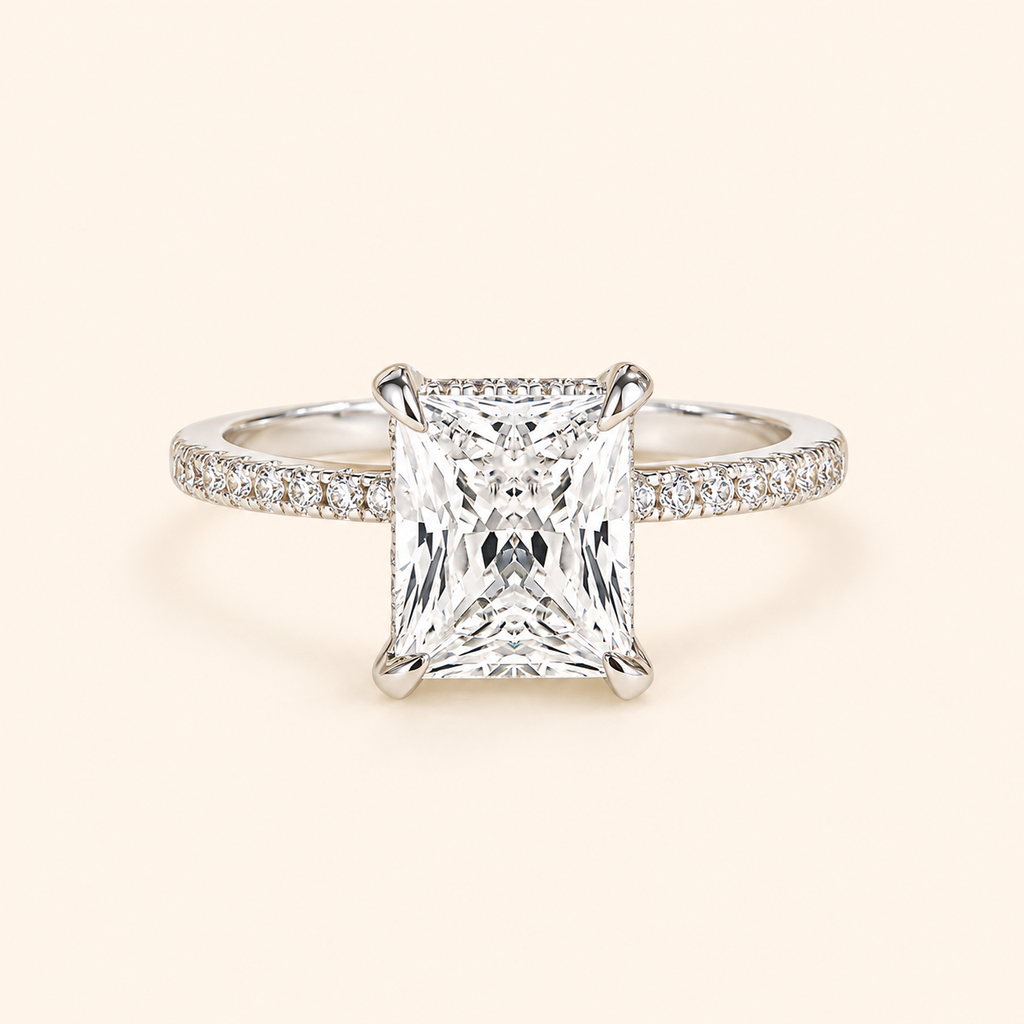 Women’s Luxury Rectangular-Cut Cubic Zirconia Four-Prong Pavé Ring – Platinum, Gold & Rose Gold Tone