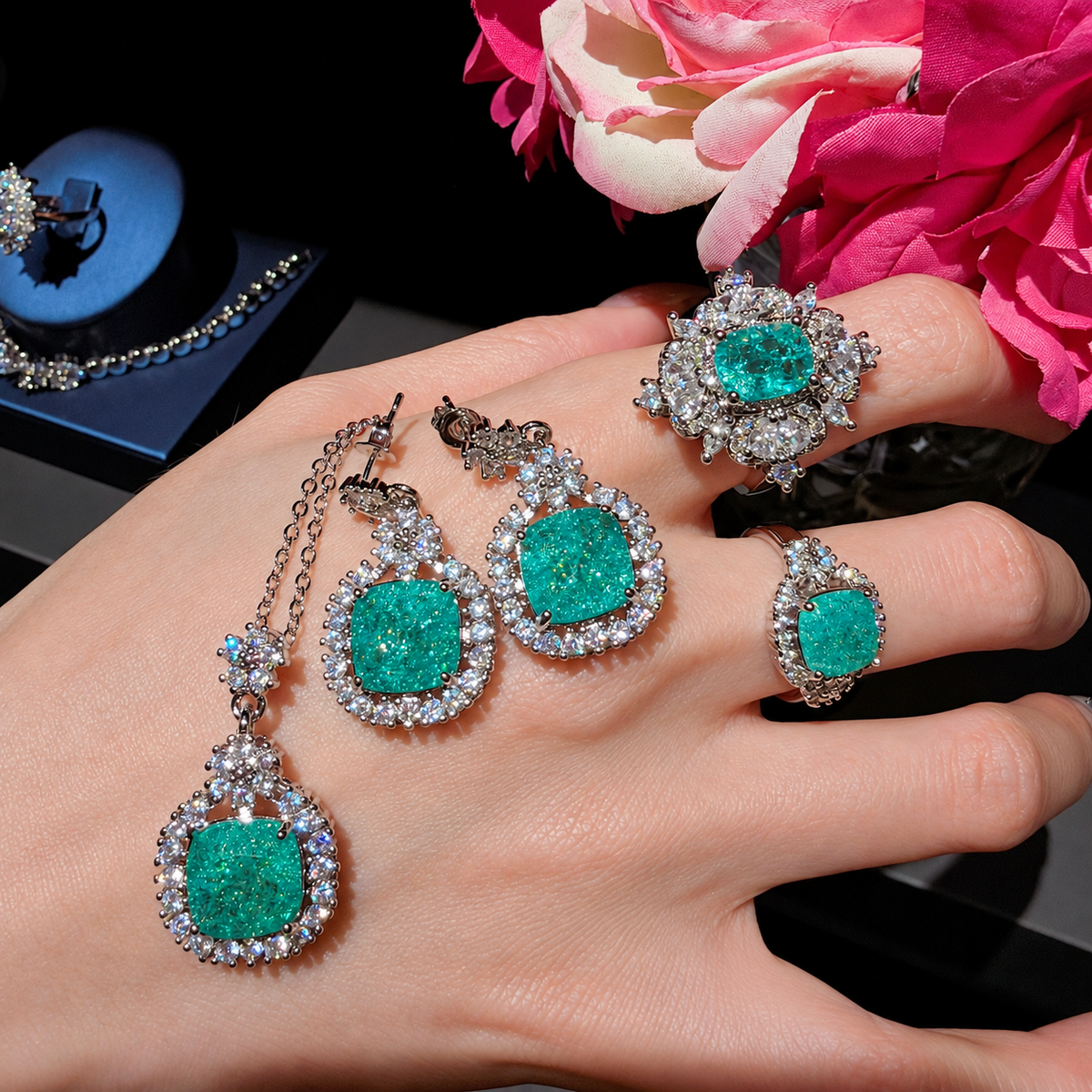 Mojito Garden Mint Green Cubic Zirconia Jewelry Set with Pendant Necklace, Drop Earrings & Two Adjustable Rings