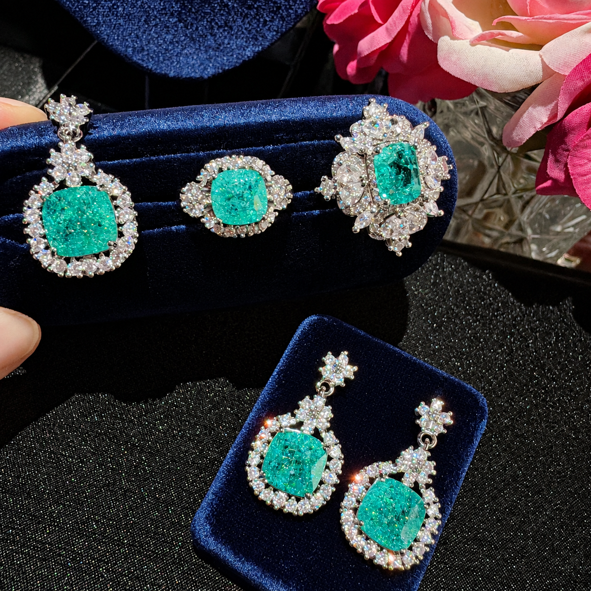 Mojito Garden Mint Green Cubic Zirconia Jewelry Set with Pendant Necklace, Drop Earrings & Two Adjustable Rings