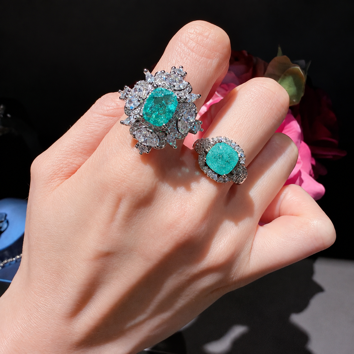 Mojito Garden Mint Green Cubic Zirconia Jewelry Set with Pendant Necklace, Drop Earrings & Two Adjustable Rings