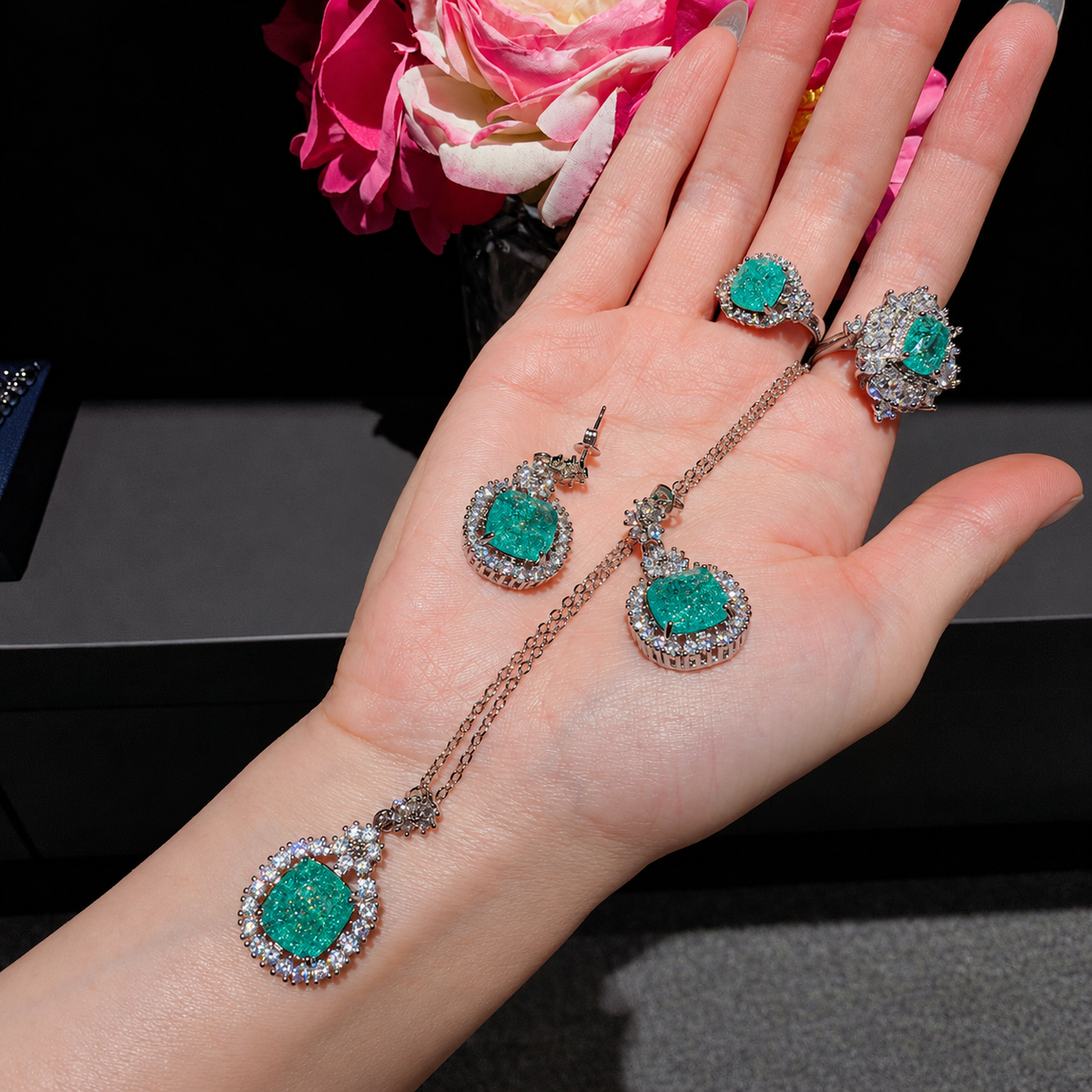 Mojito Garden Mint Green Cubic Zirconia Jewelry Set with Pendant Necklace, Drop Earrings & Two Adjustable Rings