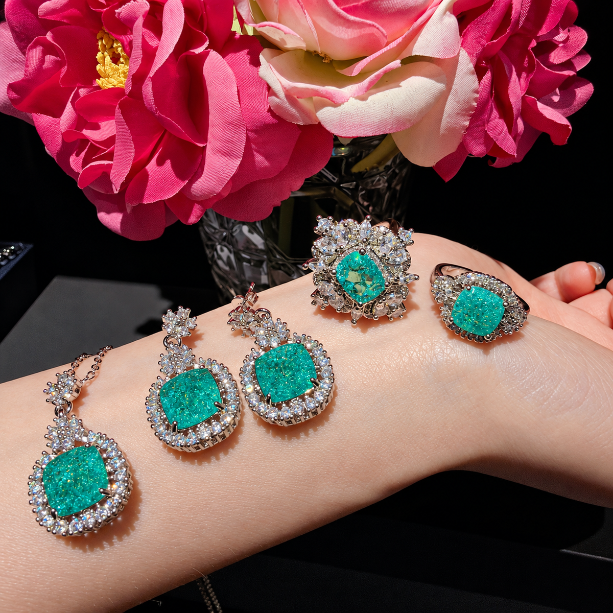 Mojito Garden Mint Green Cubic Zirconia Jewelry Set with Pendant Necklace, Drop Earrings & Two Adjustable Rings