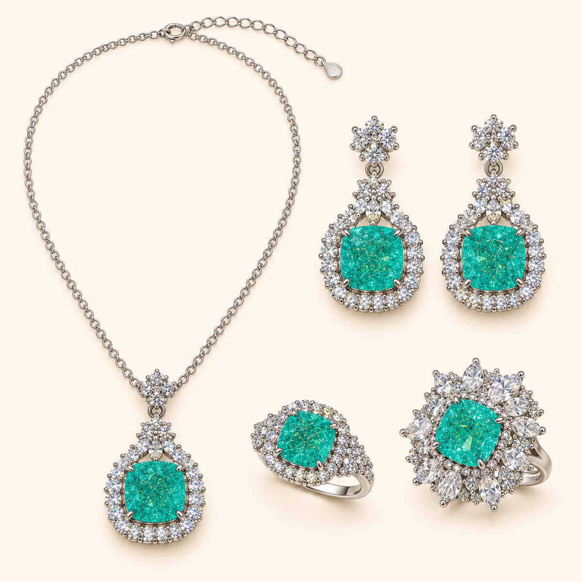 Mojito Garden Mint Green Cubic Zirconia Jewelry Set with Pendant Necklace, Drop Earrings & Two Adjustable Rings
