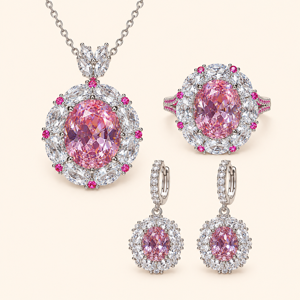 Cherry Blossom Pink Oval Jewelry Set with Floral Halo Pendant Necklace, Drop Earrings & Statement Ring