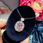 Cherry Blossom Pink Oval Jewelry Set with Floral Halo Pendant Necklace, Drop Earrings & Statement Ring