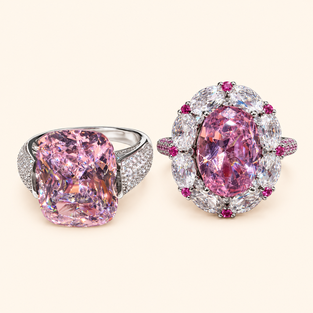 Cherry Blossom Pink Statement Ring with Ice-Flower Faceting – Cushion or Floral Halo Style
