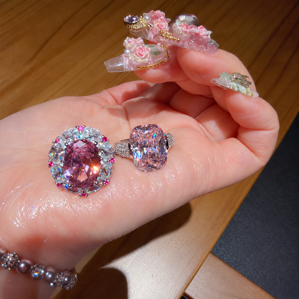 Cherry Blossom Pink Statement Ring with Ice-Flower Faceting – Cushion or Floral Halo Style
