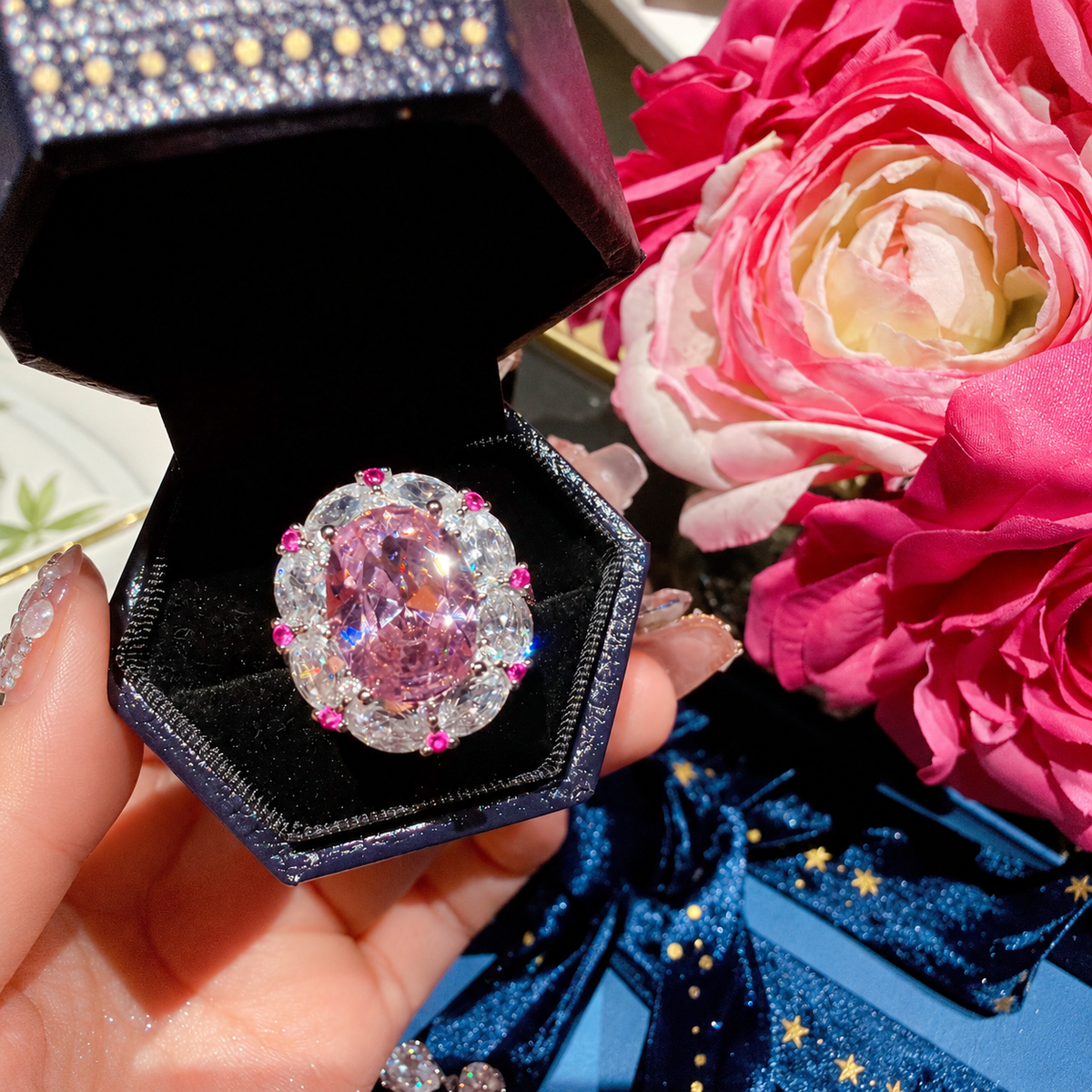 Cherry Blossom Pink Statement Ring with Ice-Flower Faceting – Cushion or Floral Halo Style