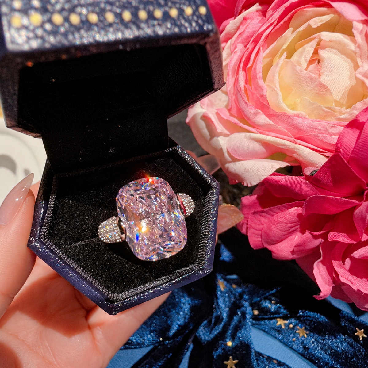 Cherry Blossom Pink Statement Ring with Ice-Flower Faceting – Cushion or Floral Halo Style
