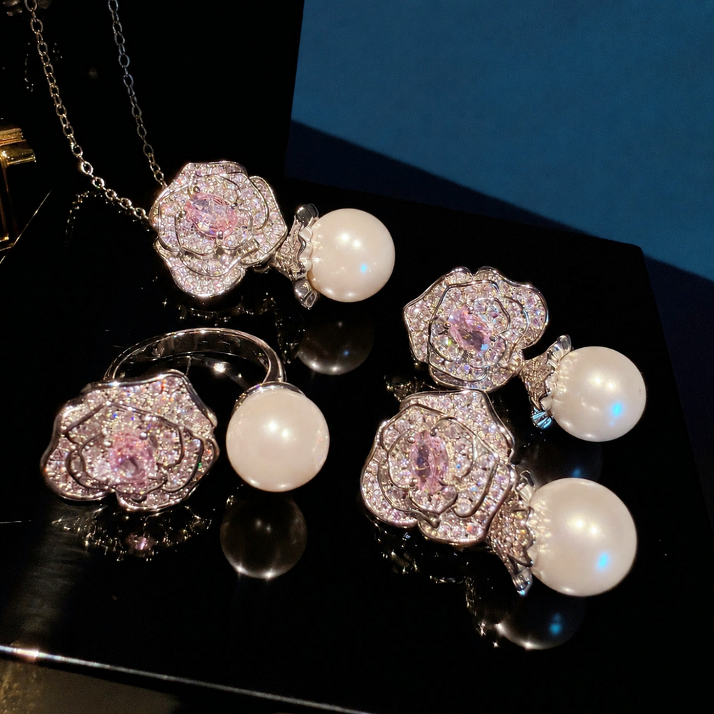 Pink Camellia Cubic Zirconia & Shell Pearl Jewelry Set with Pendant Necklace, Drop Earrings & Adjustable Ring