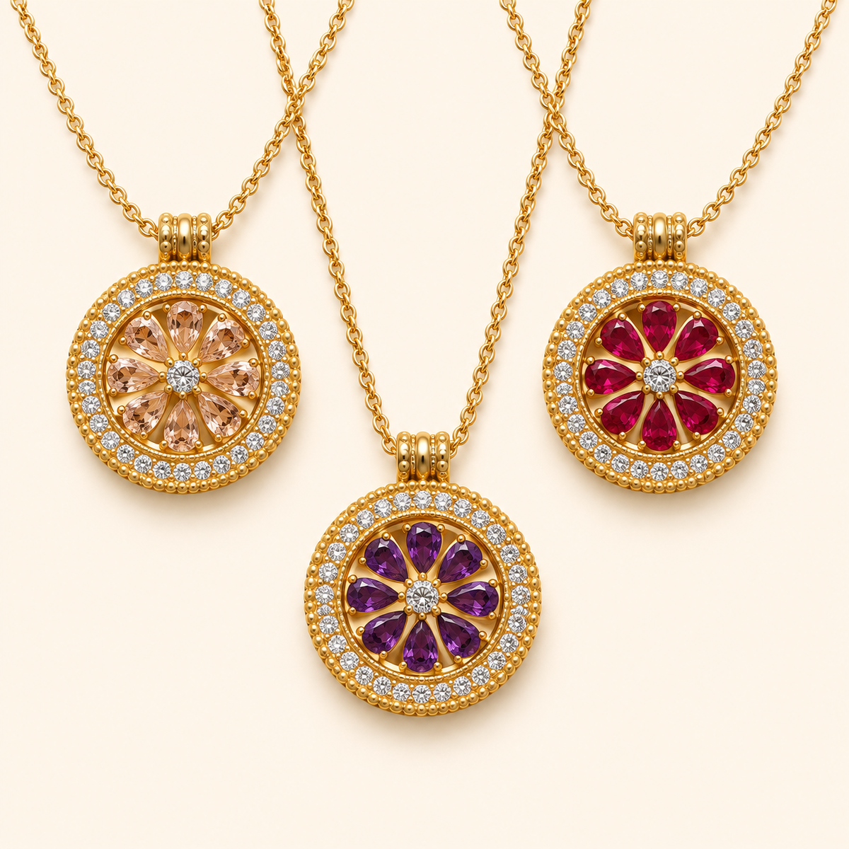Floral Compass Cubic Zirconia Pendant Necklace with Gold-Tone Setting – Three Color Options