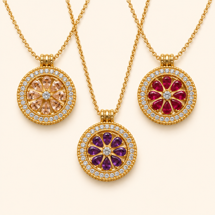 Floral Compass Cubic Zirconia Pendant Necklace with Gold-Tone Setting – Three Color Options