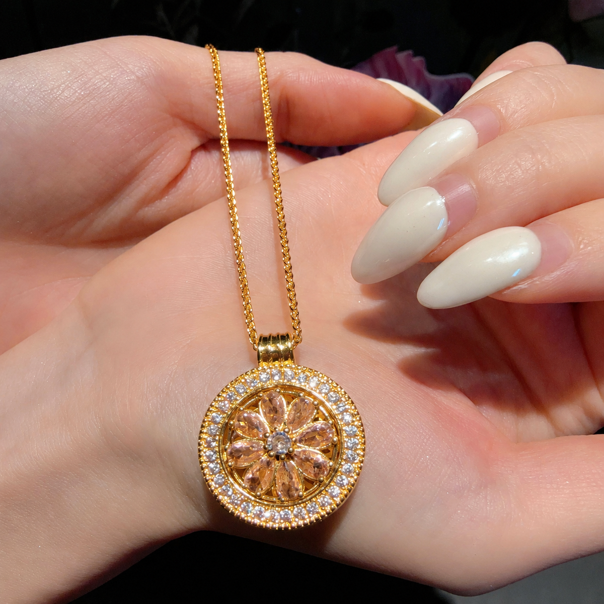 Floral Compass Cubic Zirconia Pendant Necklace with Gold-Tone Setting – Three Color Options