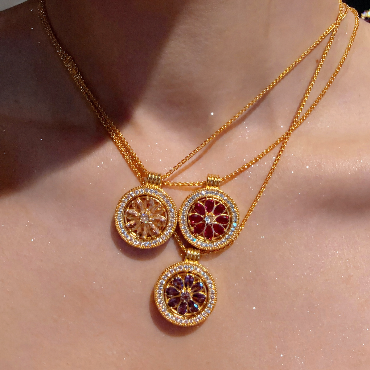 Gold-Tone Cubic Zirconia Bracelet – Beaded, Marquise Link & Purple Floral Compass Styles