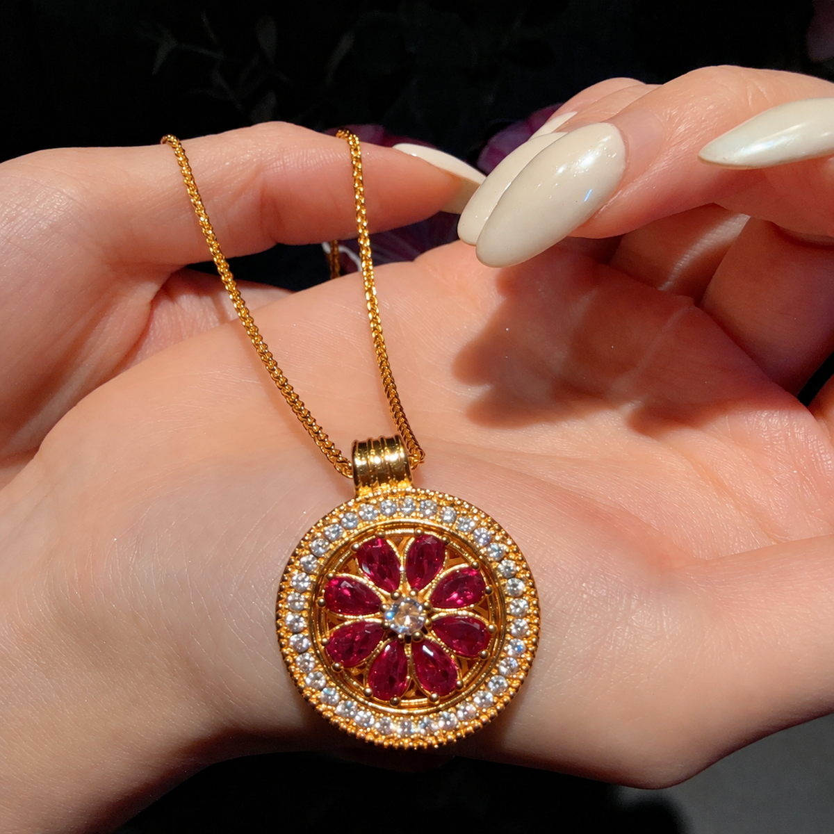 Floral Compass Cubic Zirconia Pendant Necklace with Gold-Tone Setting – Three Color Options