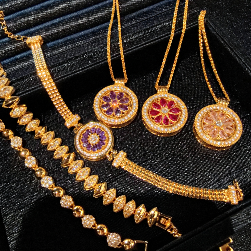 Floral Compass Cubic Zirconia Pendant Necklace with Gold-Tone Setting – Three Color Options