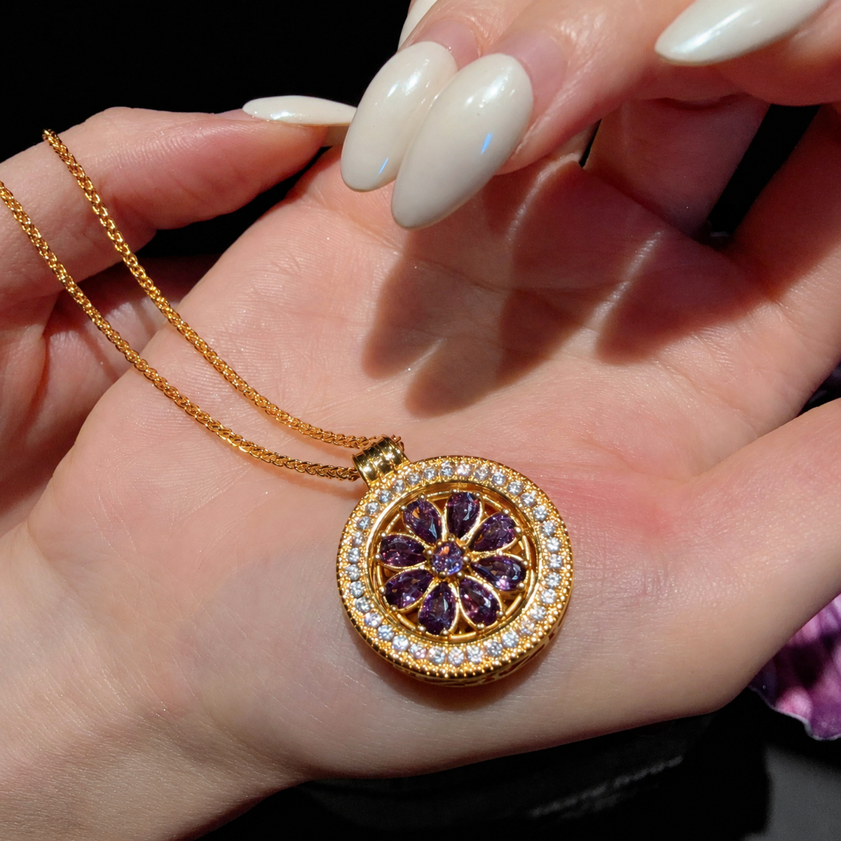 Floral Compass Cubic Zirconia Pendant Necklace with Gold-Tone Setting – Three Color Options