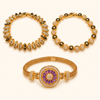 Gold-Tone Cubic Zirconia Bracelet – Beaded, Marquise Link & Purple Floral Compass Styles