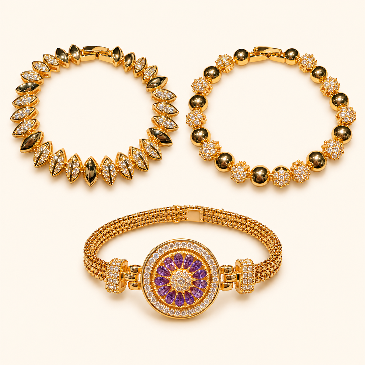 Gold-Tone Cubic Zirconia Bracelet – Beaded, Marquise Link & Purple Floral Compass Styles