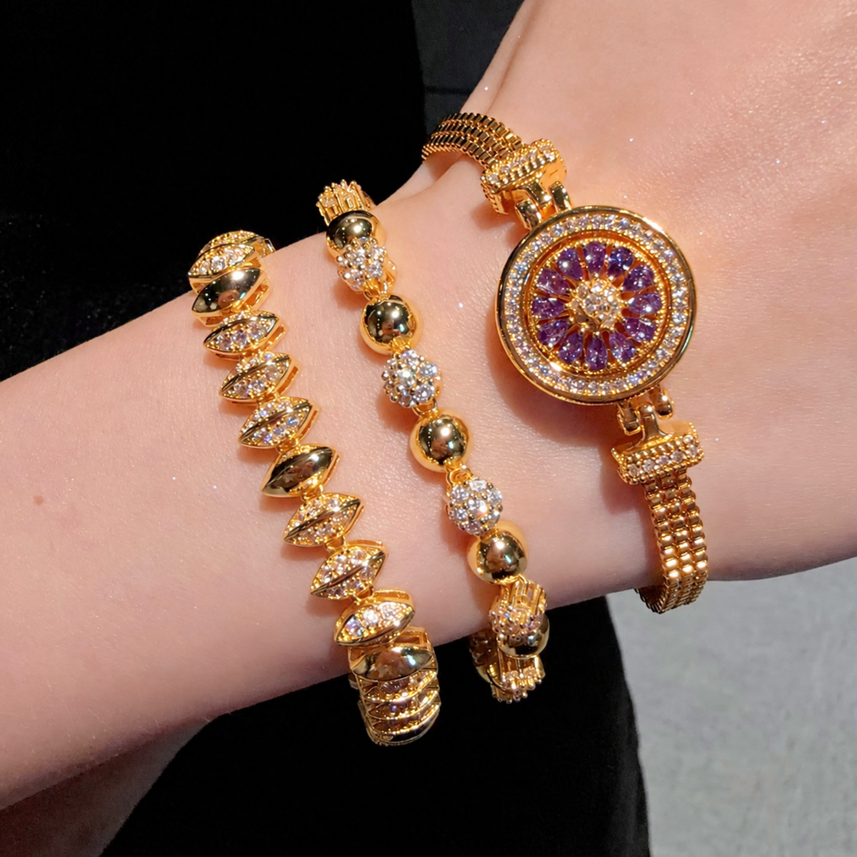 Gold-Tone Cubic Zirconia Bracelet – Beaded, Marquise Link & Purple Floral Compass Styles