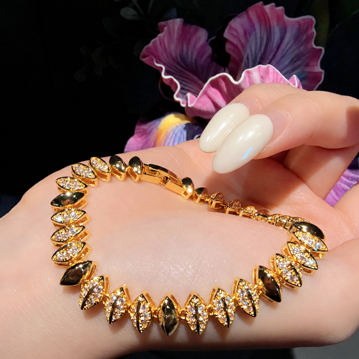 Gold-Tone Cubic Zirconia Bracelet – Beaded, Marquise Link & Purple Floral Compass Styles