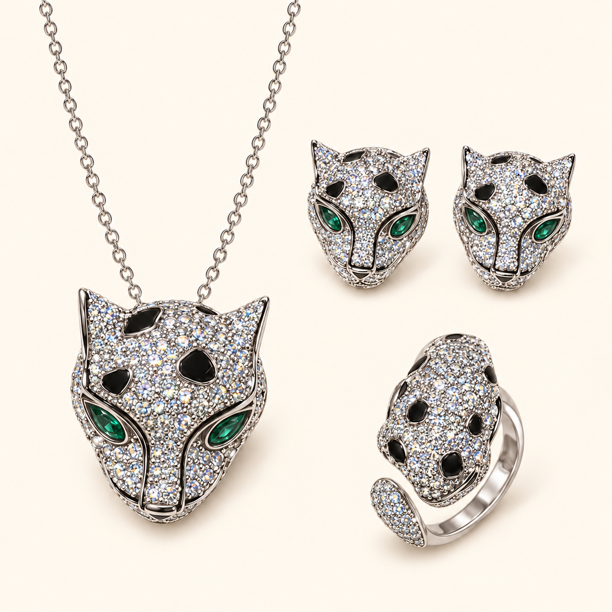 Panther Head Cubic Zirconia Jewelry Set with Pendant Necklace, Earrings & Statement Ring