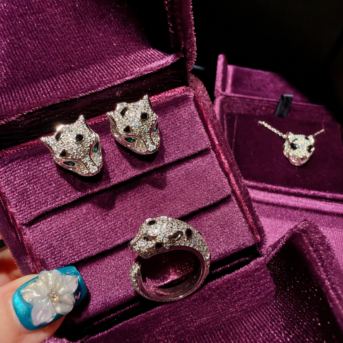 Panther Head Cubic Zirconia Jewelry Set with Pendant Necklace, Earrings & Statement Ring