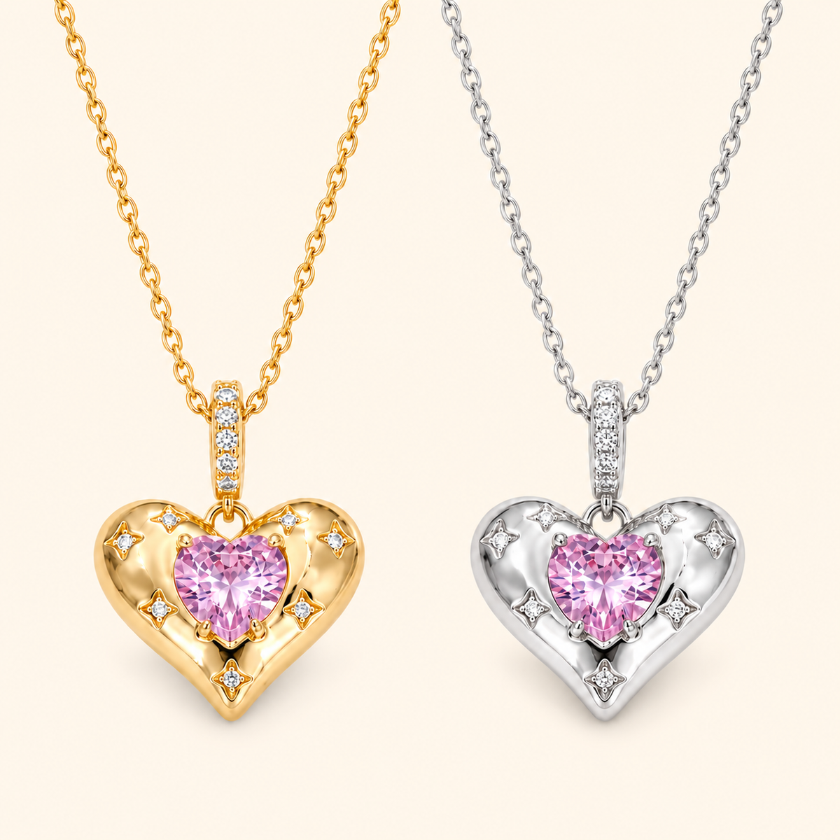 Women’s Elegant Heart Pendant Necklace with Cubic Zirconia in Gold or Silver Tone