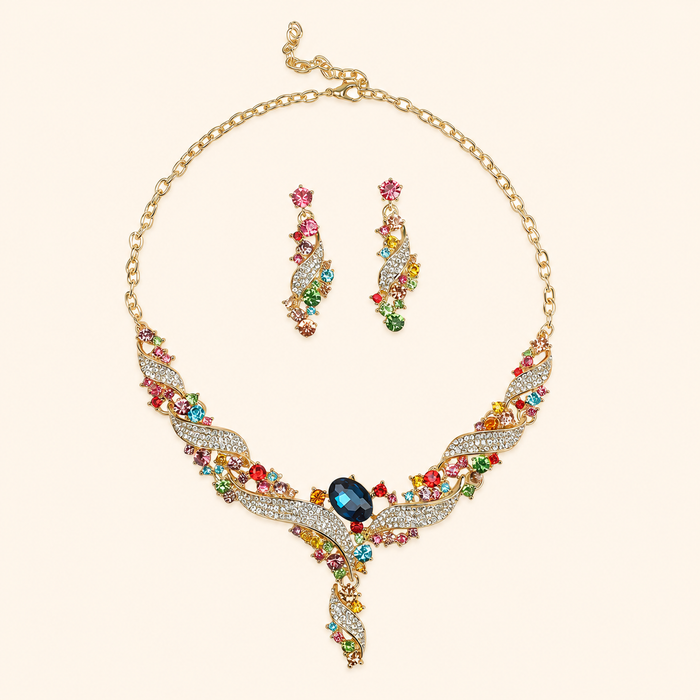 Women’s Vintage Multicolor Necklace and Earring Set with Blue Crystal and Ribbon Detail