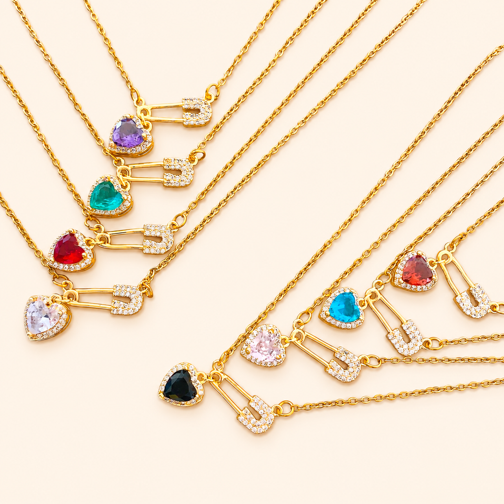Women’s Dainty Safety Pin Necklace with Pink Heart and Sparkling Stone Detail