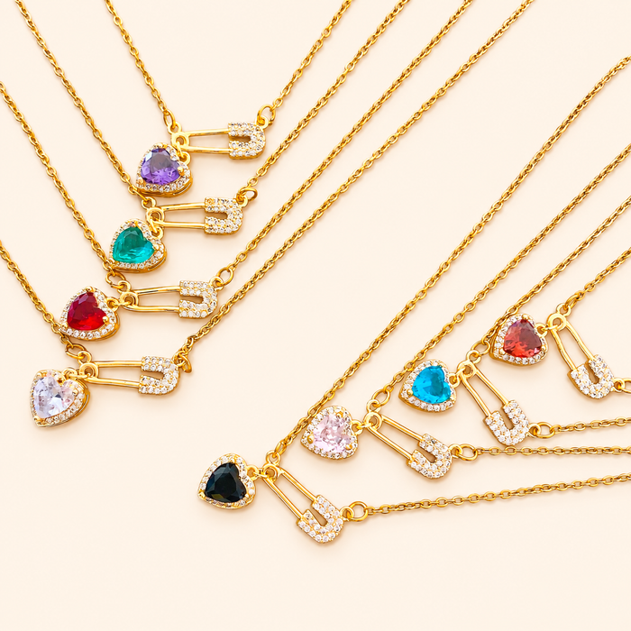 Women’s Dainty Safety Pin Necklace with Pink Heart and Sparkling Stone Detail