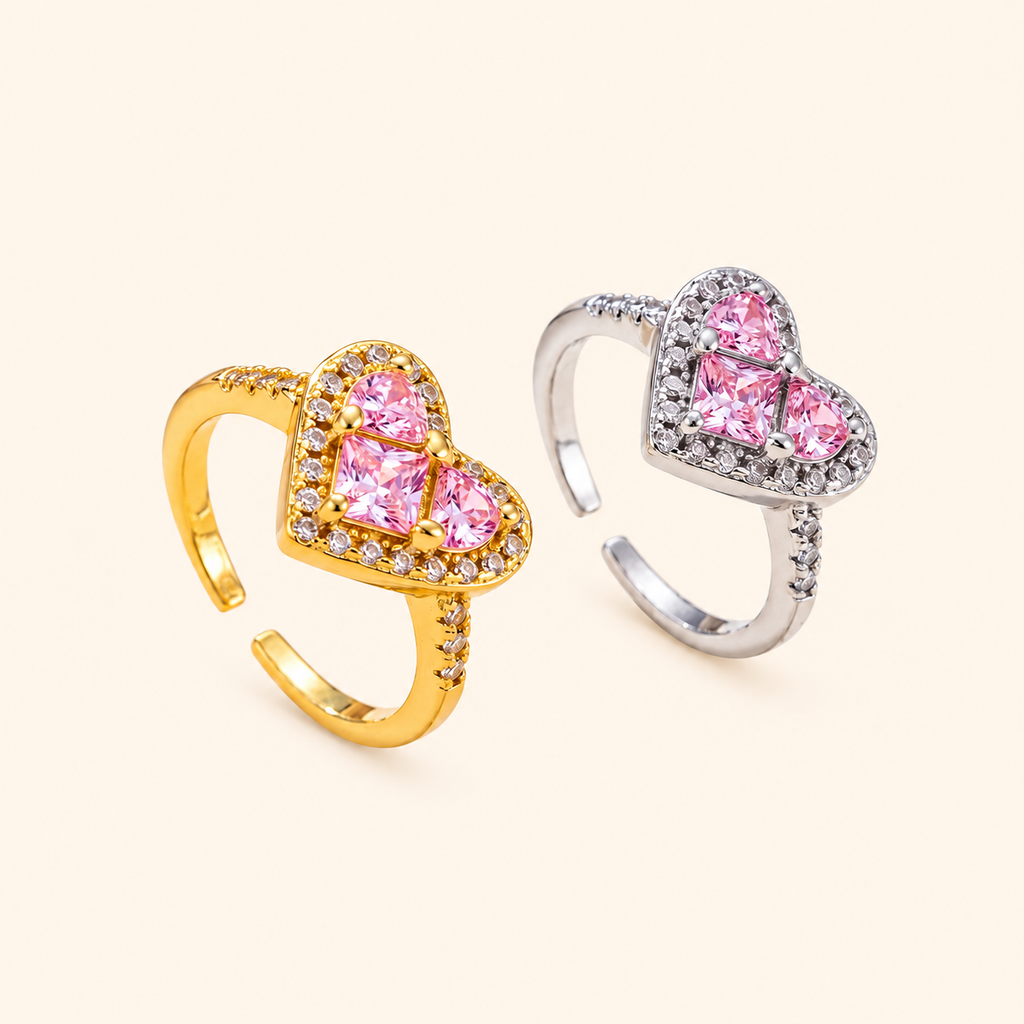 Women’s Elegant Adjustable Heart Ring with Pink Cubic Zirconia and Sparkling Halo