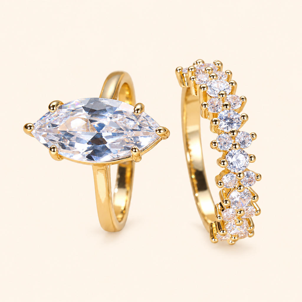 Women’s Marquise Cubic Zirconia Two-Piece Ring Set with Sparkling Stacking Band